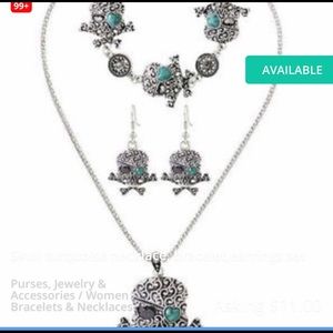 Skull turquoise necklace bracelet earrings set.